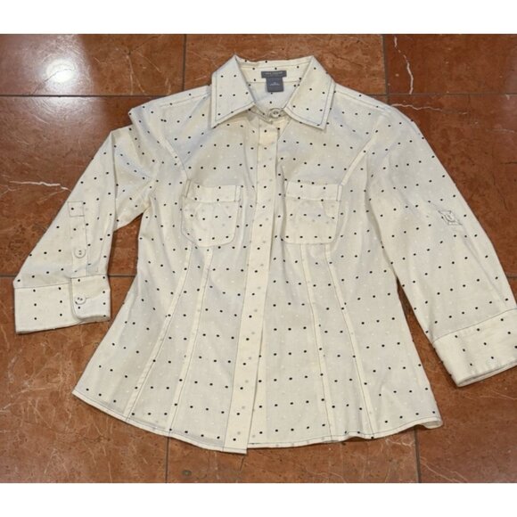 ANN TAYLOR Tops - ANN TAYLOR LOFT BLACK IVORY DOT TOP BLOUSE BUTTOND DOWN 2P XS 3/4 SLEEVE NEW